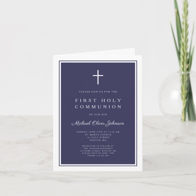 Invitation Modern Navy Blue Cross Boy First Holy Communion (Devant)