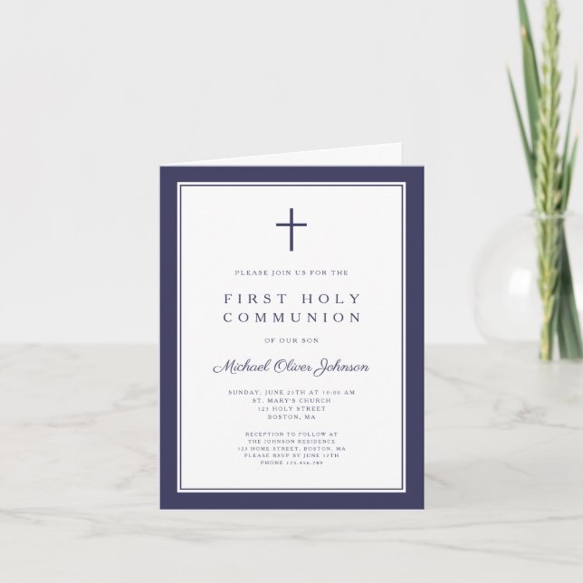 Invitation Modern Navy Blue Cross Boy First Holy Communion (Devant)