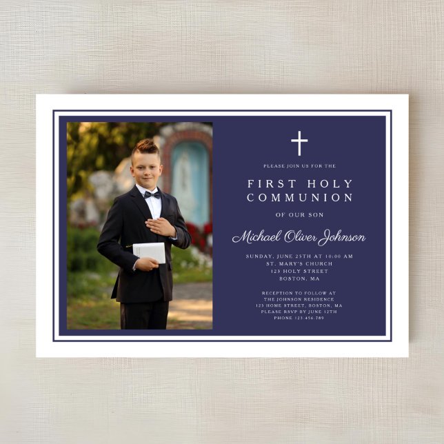 Invitation Modern Navy Blue Cross Boy Photo First Communion (Modern Navy Blue Cross Boy Photo First Communion Invitation)