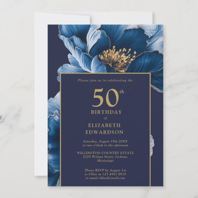 Invitation Modern Navy Blue Floral Elegant Birthday (Devant)