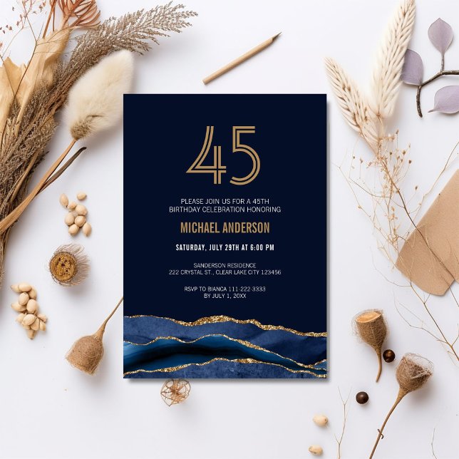 Invitation Modern Navy Blue Gold Agate 45e anniversaire fête (Créateur téléchargé)