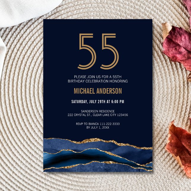 Invitation Modern Navy Blue Gold Agate 55e anniversaire fête (Créateur téléchargé)