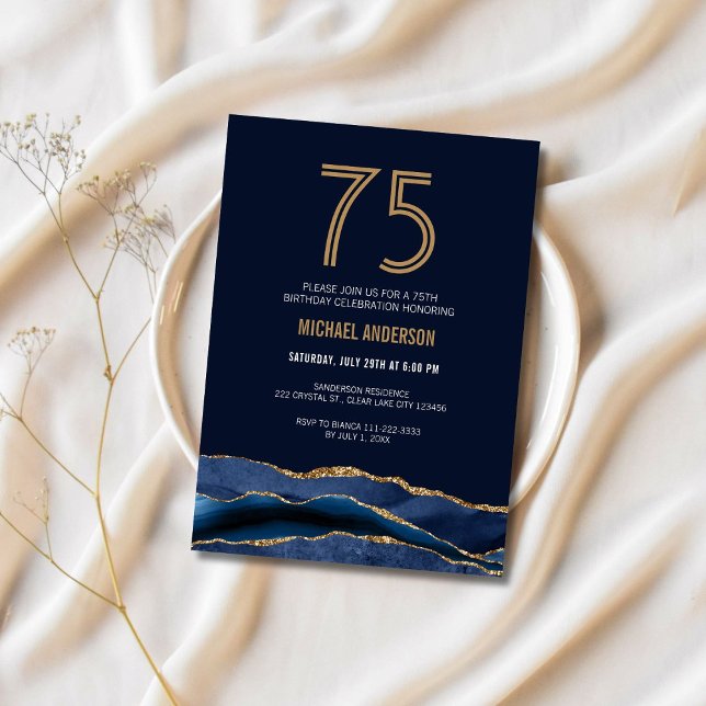 Invitation Modern Navy Blue Gold Agate 75e anniversaire fête (Créateur téléchargé)