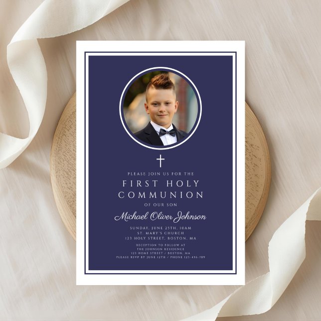 Invitation Modern Navy Blue Photo Boy First Communion (Modern Navy Blue Photo Boy First Communion Invitation)