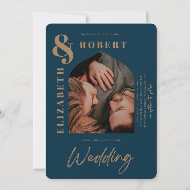 Invitation Modern Navy Bold Style Bold Gras Mariage photo Arc (Devant)