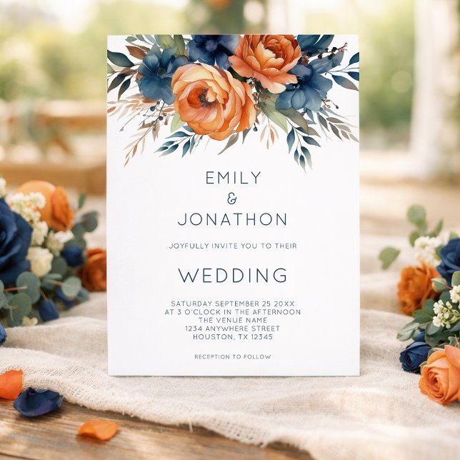 Invitation Modern Navy Burnt Orange Florals QR Code Wedding (Créateur téléchargé)