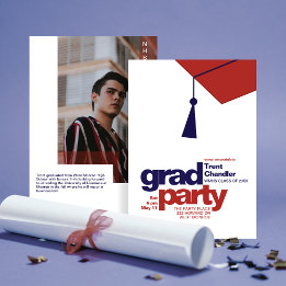 Invitation Modern Navy & Red Typography Grad Party Photo