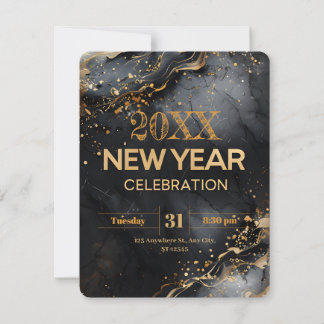 Invitation Modern New Year with Black Marble and Gold Swirls