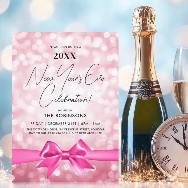 Invitation MODERN New Years Eve Party Blush Pink Bokeh Bow (MODERN New Years Eve Party Blush Pink Bokeh Bow Invitation)