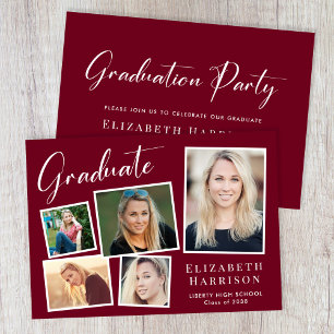 Invitation Modern Photo Collage Burgundy Graduation Party