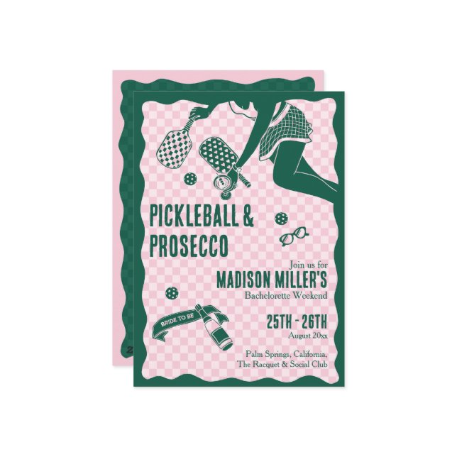 Invitation Modern Pickleball & Prosecco Bachelorette Weekend (Devant/Arrière en situation)