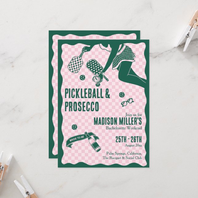Invitation Modern Pickleball & Prosecco Bachelorette Weekend (Devant/Arrière en situation)