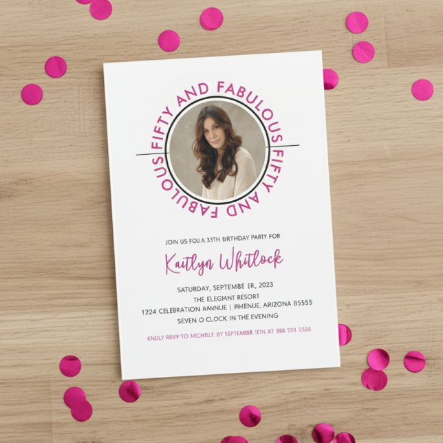 Invitation Modern Pink Black 50 and Fabulous 50th Birthday (elegant modern pink black fifty and fabulous 50th birthday party invitation for her woman women)