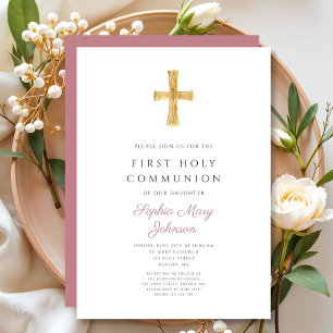 Invitation Modern Pink Cross Girl Holy Communion