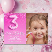 Modern Pink Glitter Balloon 3rd Birthday Photo