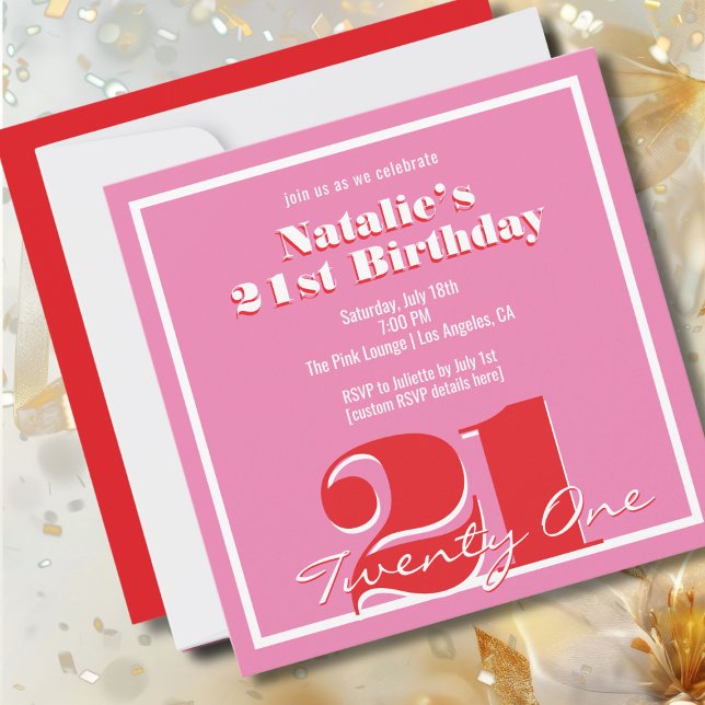 Invitation Modern Pink Red Retro 21st Birthday Square (Créateur téléchargé)