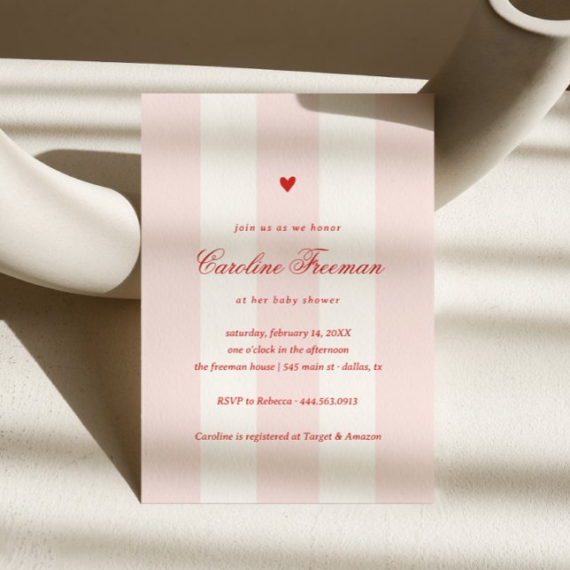 Invitation Modern Pink Stripe Heart Valentine Baby Shower (Créateur téléchargé)