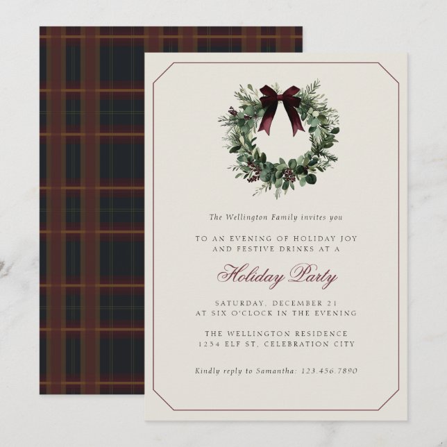 Invitation Modern Preppy Plaid Wreath Christmas Party (Devant / Derrière)