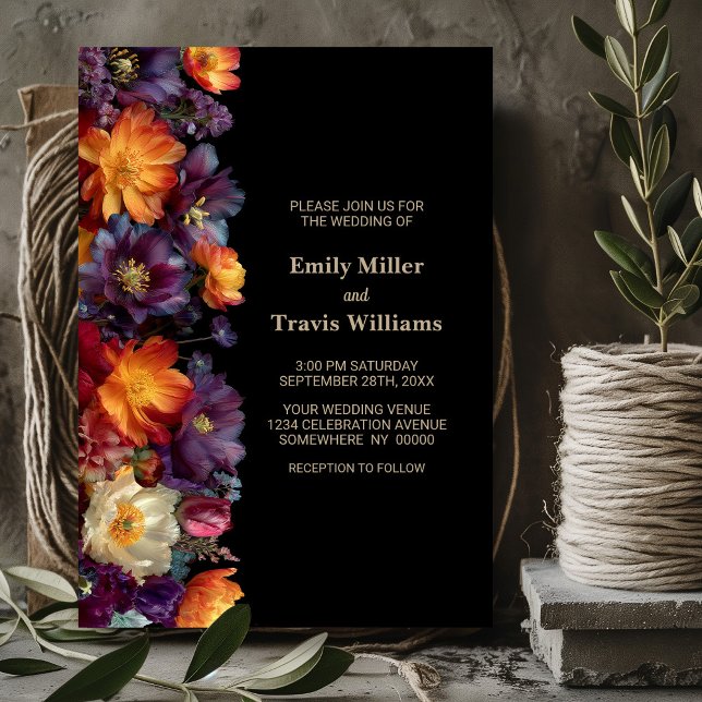 Invitation Modern Purple and Orange Floral Black Wedding (Créateur téléchargé)