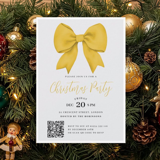 Invitation Modern QR Gold Holiday Bow Christmas Party (Modern QR Gold Holiday Bow Christmas Party Invitation)