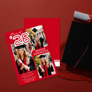 Invitation Modern Red Class of 2026 3-Photo Graduation Invite