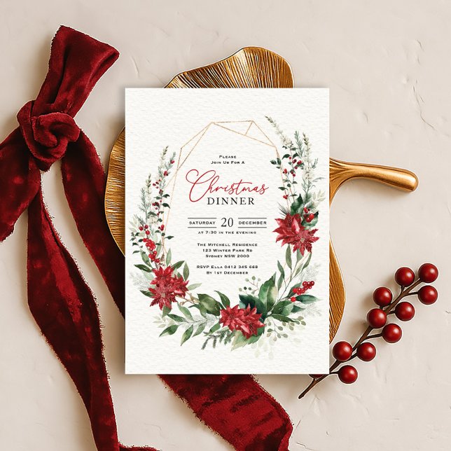 Invitation Modern Red Poinsettia Greenery Christmas Dinner (Créateur téléchargé)