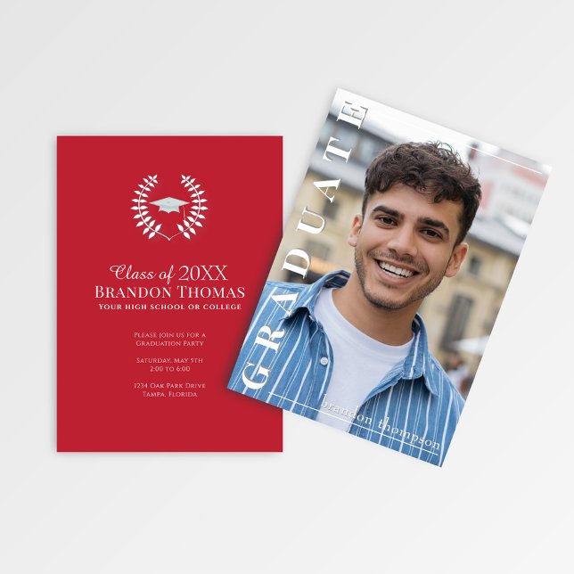 Invitation Modern Red Vertical Name Graduation Photo Card (Red graduation photo announcement with laurel emblem and customizable party details.)