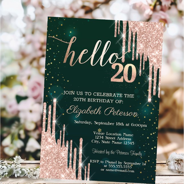 Invitation Modern Rose Gold Glitter Drips Green 20th Birthday (Créateur téléchargé)