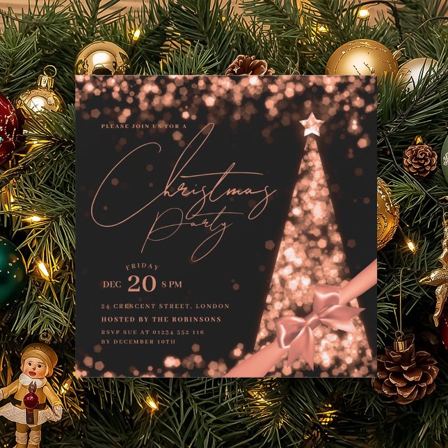 Invitation MODERN Rose Gold Winter Christmas Tree Bow Party  (MODERN Rose Gold Winter Christmas Tree Bow Party Invitation)