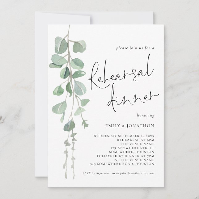 Invitation Modern Sage Eucalyptus Script Rehearsal Dinner (Devant)