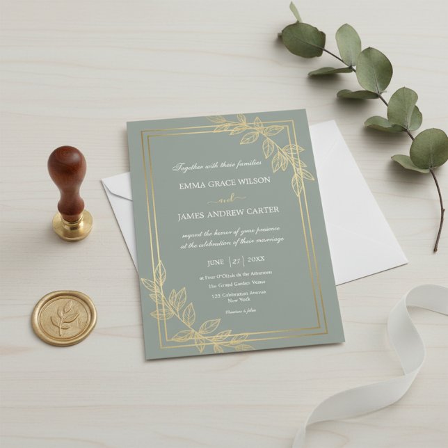Invitation Modern Sage Green and Gold Foil Botanical Elegant  (Créateur téléchargé)