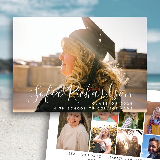Invitation Modern Script 8 Photo Collage Simple Graduation (Créateur téléchargé)