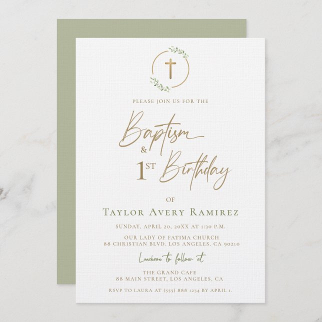 Invitation Modern Script Baptism and 1st Birthday Green Gold  (Devant / Derrière)