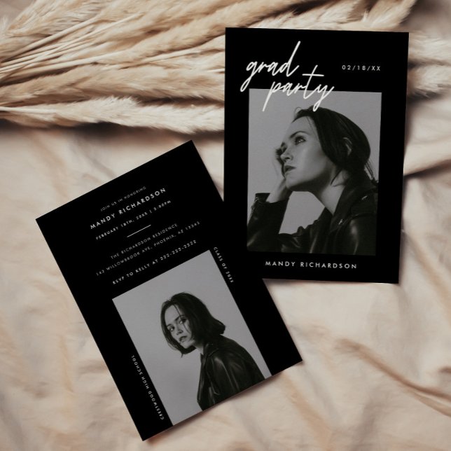 Invitation Modern Script Black 2-Photo Graduation Party (Créateur téléchargé)