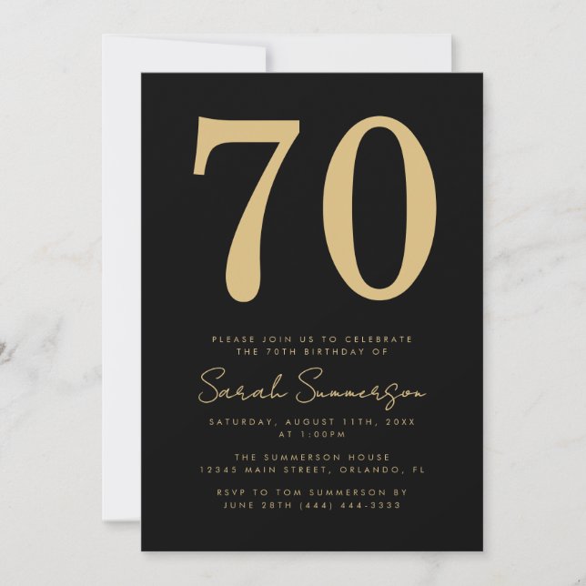 Invitation Modern Script Black Gold Seventy 70th Birthday (Devant)