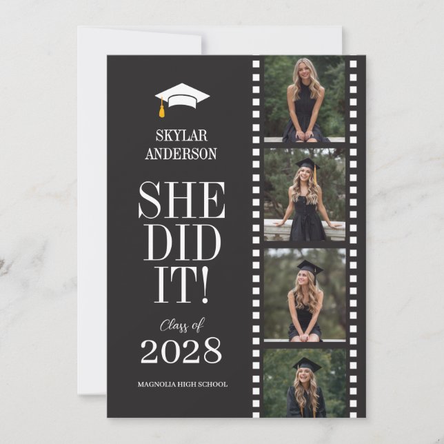 Invitation Modern Script Senior Photo Graduation Black Reel (Devant)