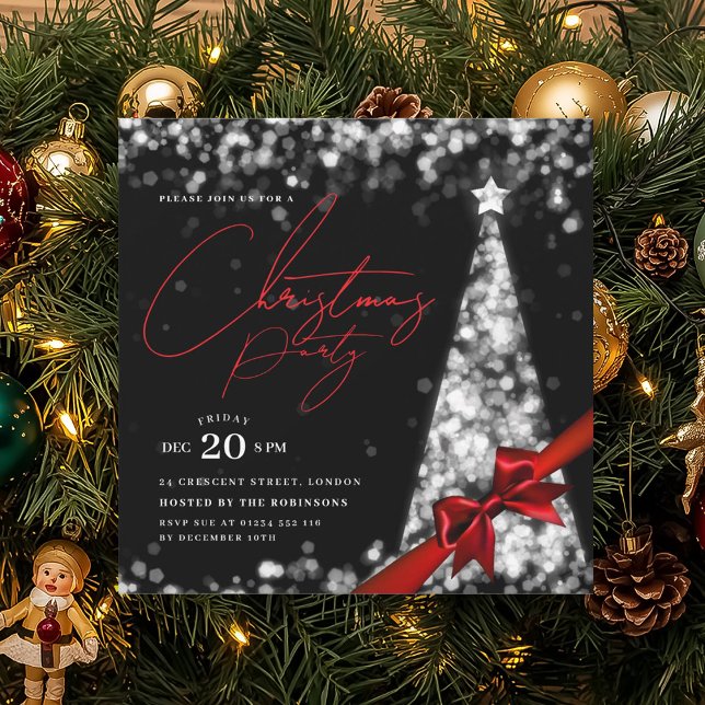Invitation MODERN Silver Winter Christmas Tree Bow Party  (MODERN Silver Winter Christmas Tree Bow Party Invitation)