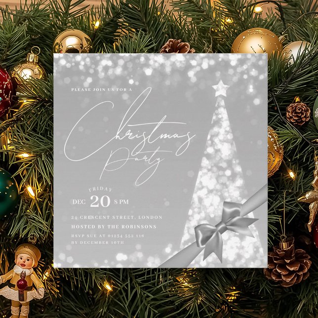 Invitation MODERN Silver Winter Christmas Tree Bow Party  (MODERN Silver Winter Christmas Tree Bow Party Invitation)