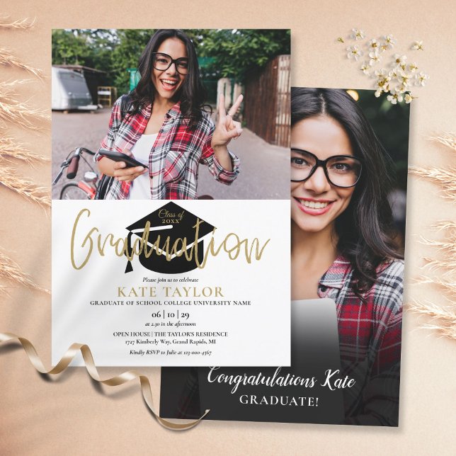 Invitation Modern Simple 2 Photo Gold Script Graduation Party (Créateur téléchargé)