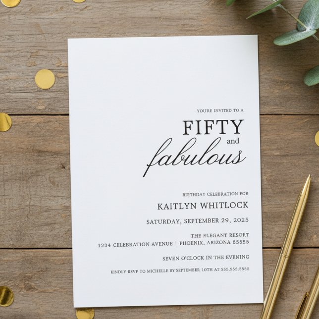 Invitation Modern Simple Black 50 and Fabulous Birthday Party (modern elegant typography fifty and fabulous 50th birthday party invitation simple)