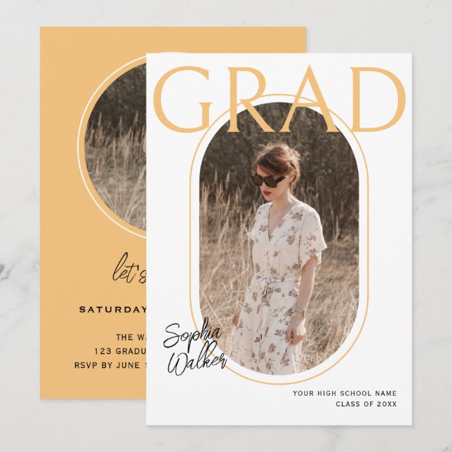 Invitation Modern Simple Script Orange Photo Graduation Party (Devant / Derrière)