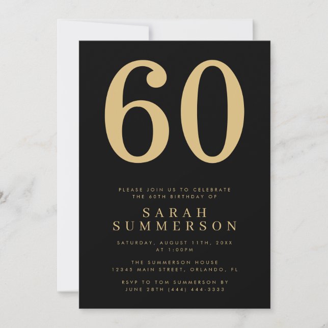 Invitation Modern Sixtieth Black Gold 60 Birthday Party (Devant)