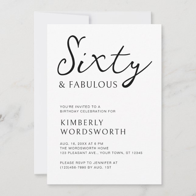 Invitation Modern Sixty and Fabulous Script 60th Birthday (Devant)