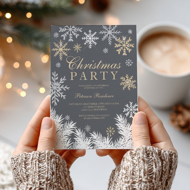 Invitation Modern snowflake pine gray winter Christmas party (Modern snowflake pine gray winter Christmas party Invitation)
