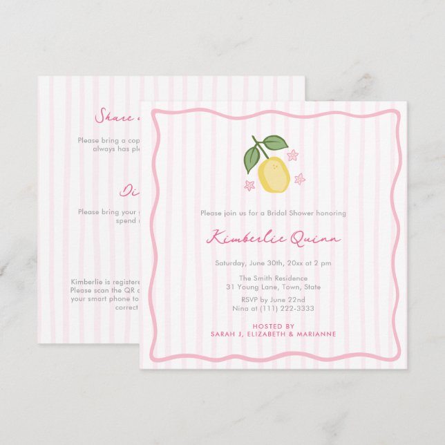 Invitation Modern Stripes Hand-Drawn Lemon Bridal Shower (Devant / Derrière)
