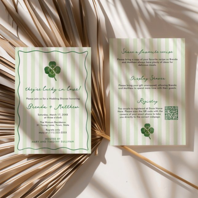 Invitation Modern Stripes St Patrick's Couples Wedding Shower (Lucky In Love St Patricks Day wedding shower invitations with modern stripes and squiggle border)