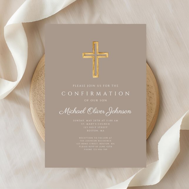 Invitation Modern Taupe Religious Cross Boy Confirmation (Modern Taupe Religious Cross Boy Confirmation Invitation)