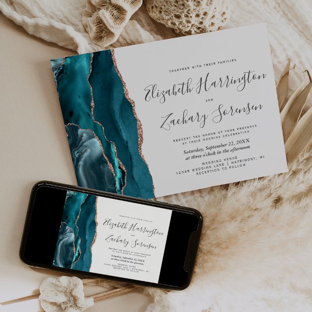 Invitation Modern Teal Rose Gold Agate Horizontal Wedding (Créateur téléchargé)