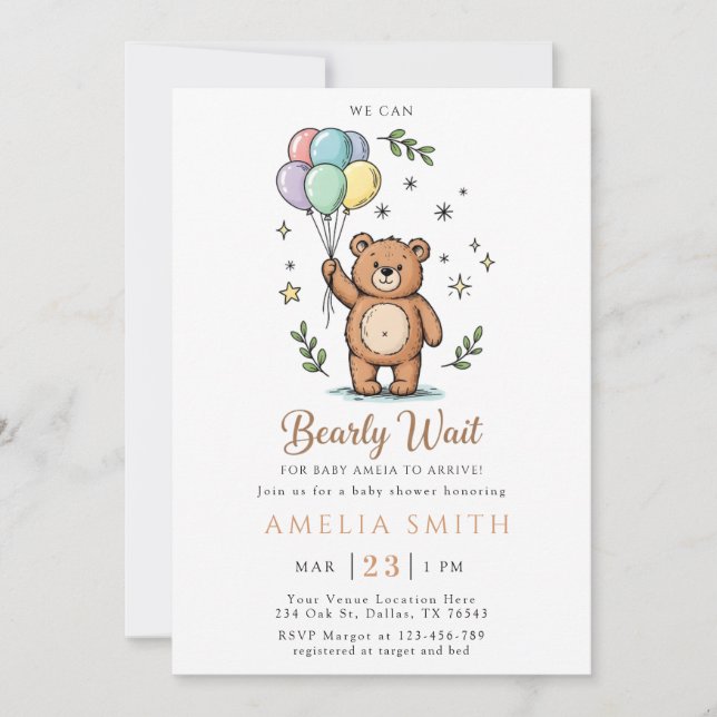 Invitation Modern Teddy bear Friendly baby shower (Devant)