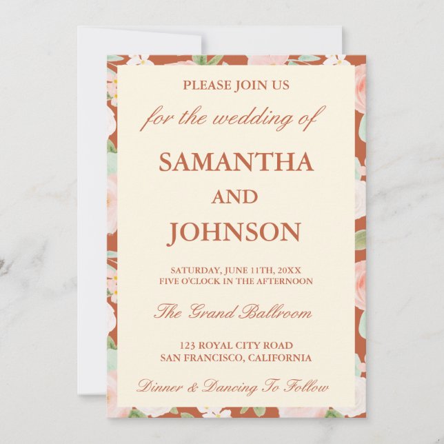 Invitation Modern Terracotta Ivory Floral Monogram Wedding (Devant)